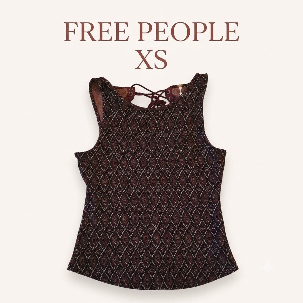 Free People Tank Top Lace Up Open Back Geometric Diamond XS Burgundy